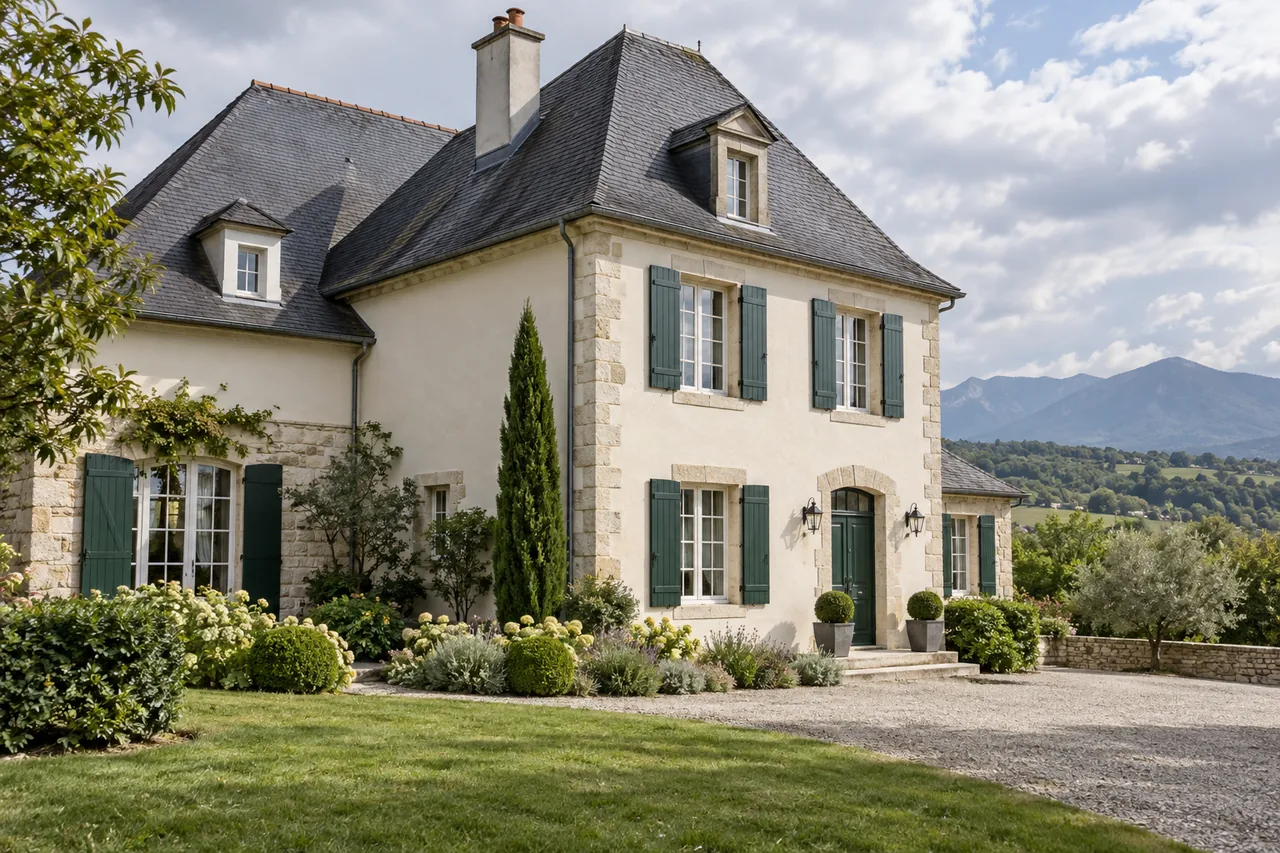 Maison de style béarnais avec façade claire et toiture en ardoise