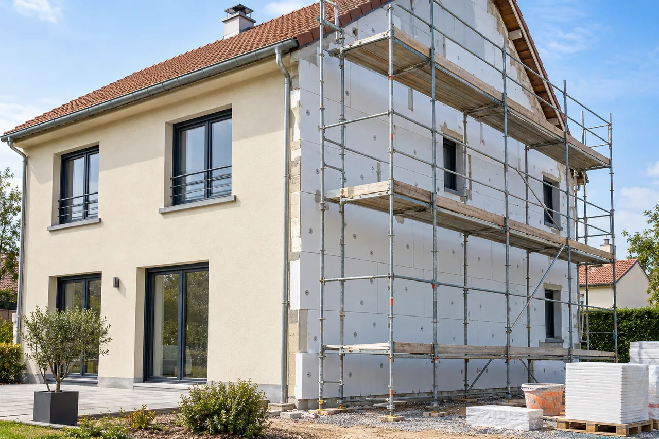 Illustration d’une façade en cours de rénovation avec échafaudage