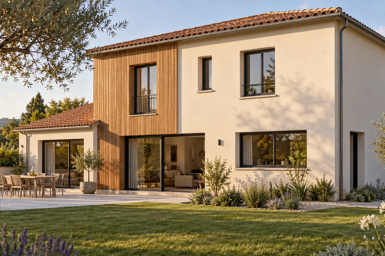 Maison contemporaine associant enduit clair et bardage