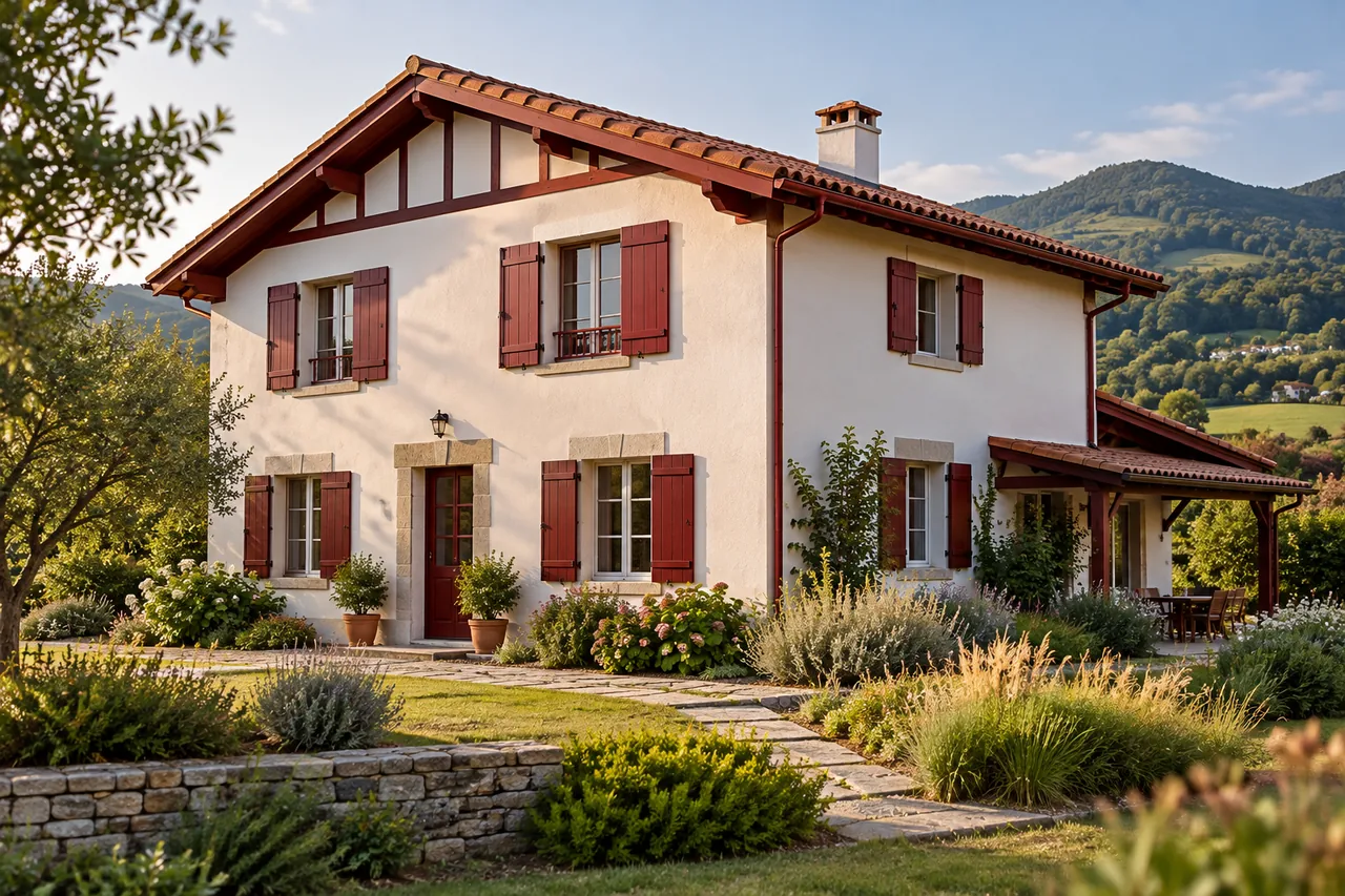 Maison de style basque, façade claire et volets rouges